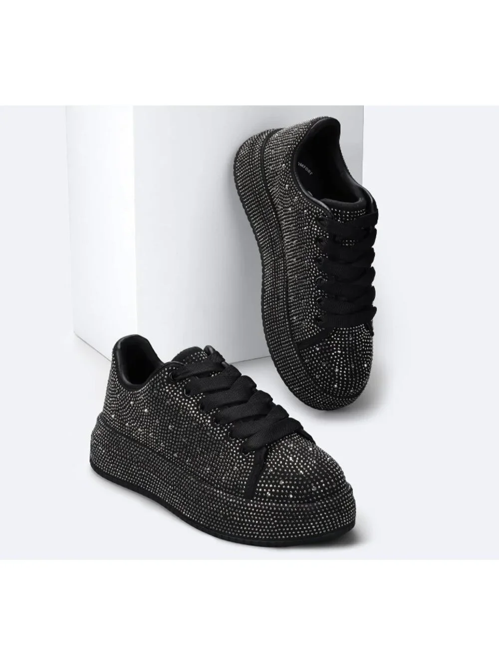 🆕Women's Black Sparkly Glitter Bling Tennis Rhinestone Platform Sneakers